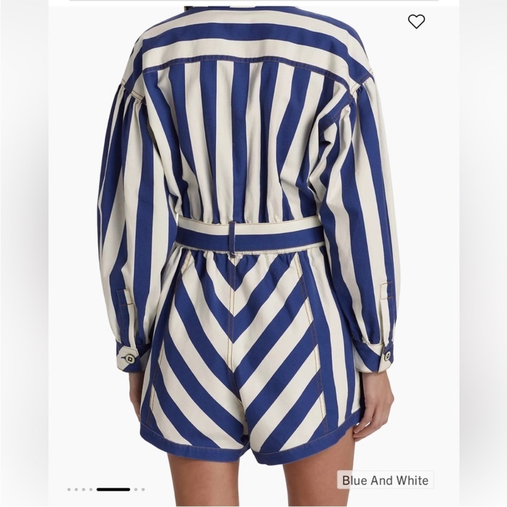 NWT FARM Rio Women’s Blue and White Striped Printed Romper Jumpsuit Tie Belt XXS - Picture 12 of 16